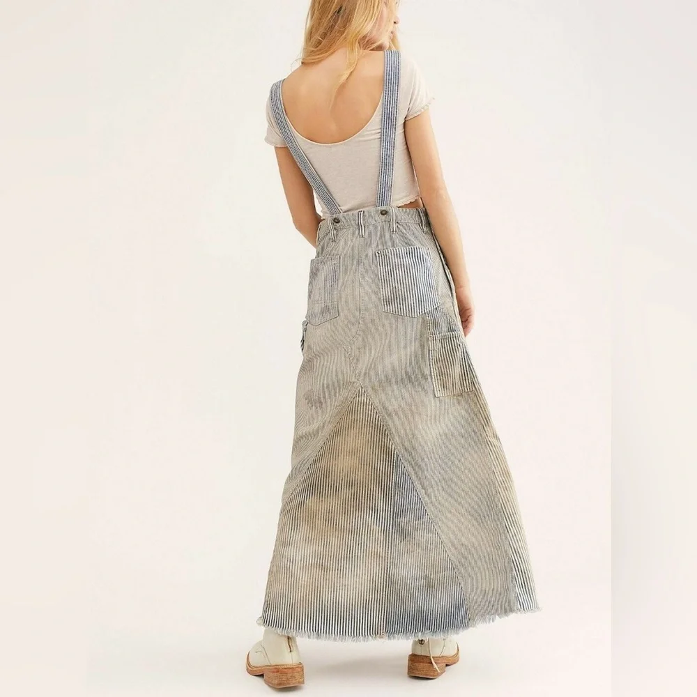 Free People Heritage Skirtall Blue Distressed Stripe Maxi Denim Dress - Picture 4 of 6
